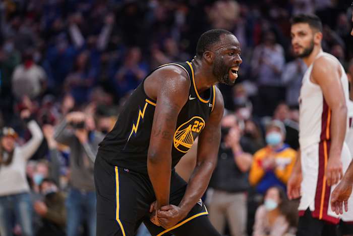 Jan 3, 2022; San Francisco, California, USA; Golden State Warriors forward Draymond Green (23) reacts after the Warriors made a basket against the Miami Heat in the fourth quarter at the Chase Center. Mandatory Credit: Cary Edmondson-USA TODAY Sports